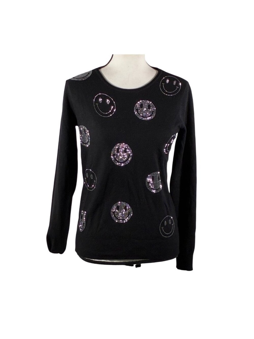 S.Christina Cashmere Sweater silver Smiley Faces novelty Long Sleeve S/M
